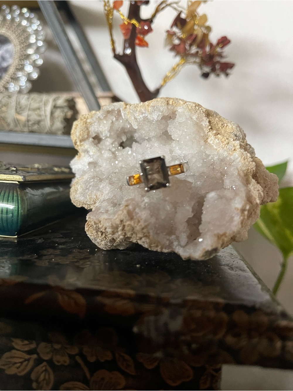 Vintage Smoky Quartz Square Ring with Citrine Accents 925 Silver